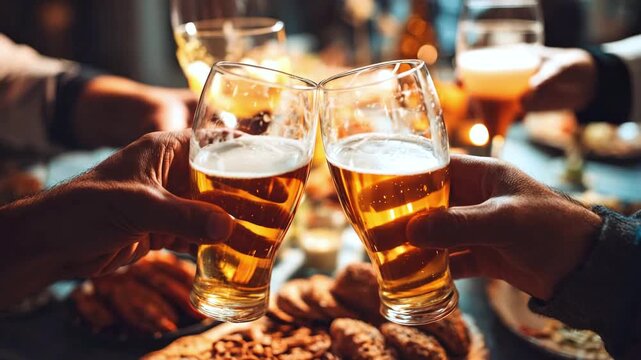 Mugs full of cold beer. Men drinking beer from big mugs during October festival in bar. Autumn festival concept	