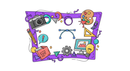Colorful art and design elements in a creative doodle arrangement