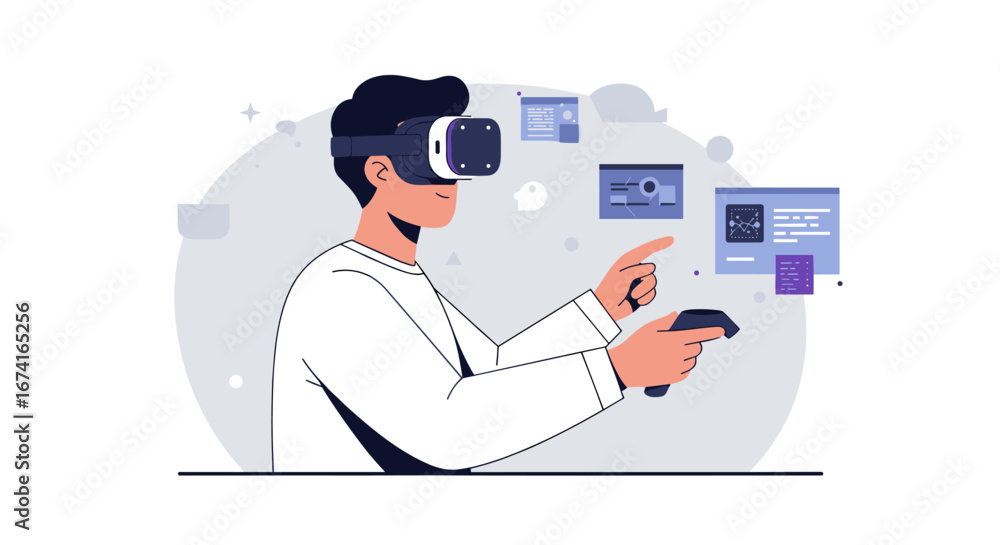 Poster person engaging in virtual reality with headset and controllers in futuristic setting