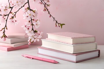 Stack of pink books and a pen with cherry blossoms in the background