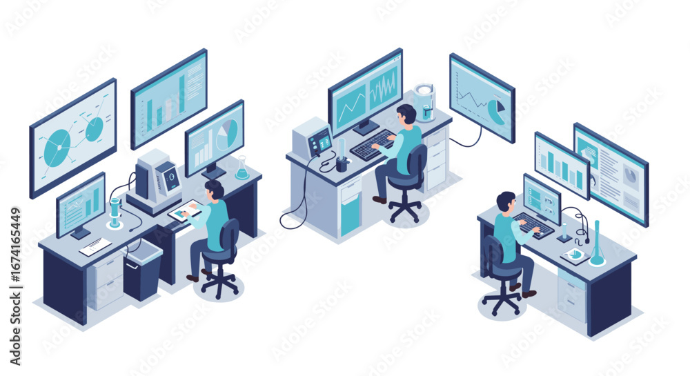 Poster isometric office workspace with data analysis on multiple screens