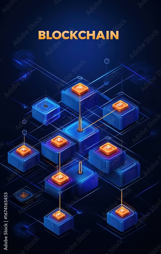Poster isometric view of blockchain network with blocks and acrylic cubes featuring orange glowing squares,