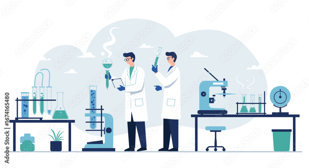Poster scientists conducting experiments in a modern laboratory setting with advanced equipment