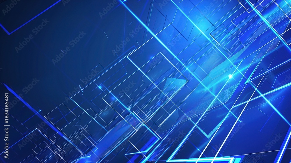 Poster futuristic geometric background with blue glowing lines，adding high-tech vibe to apps, presentations