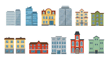 Colorful urban building collection featuring modern and classic architectural styles