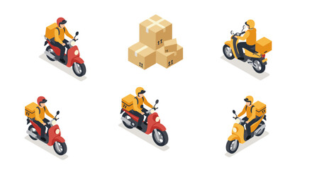 Isometric delivery motorbikes and packages with couriers in motion