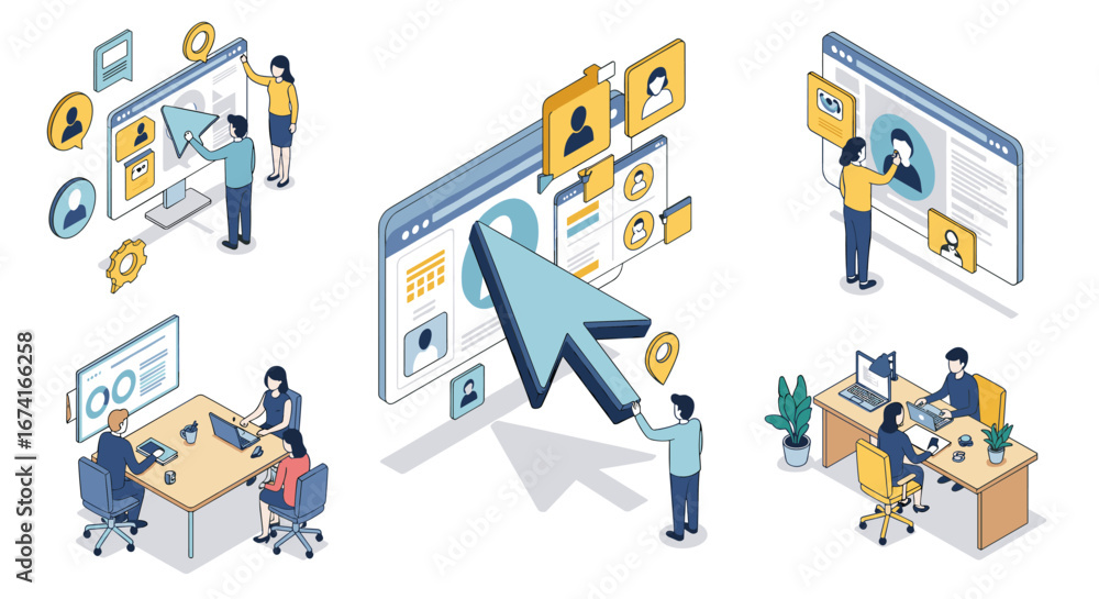 Poster isometric online team collaboration and digital networking concept