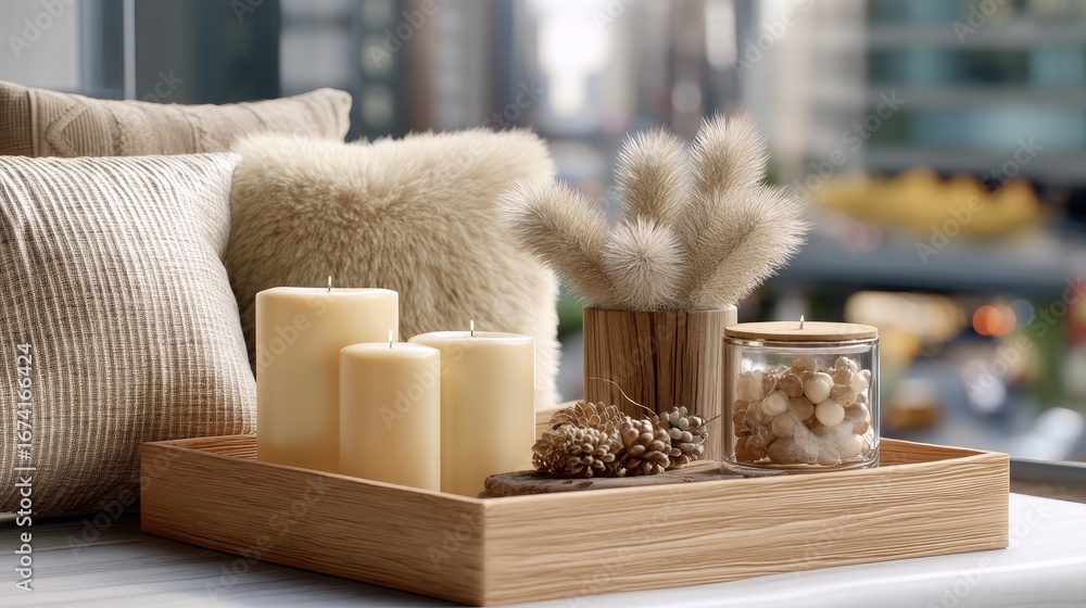 Poster sunlight filters through a window illuminating a cozy room with candles and cushions, creating a pea