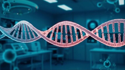 A DNA double helix dominates a bluetoned laboratory with blurred equipment and molecular structures visible in the background - Powered by Adobe