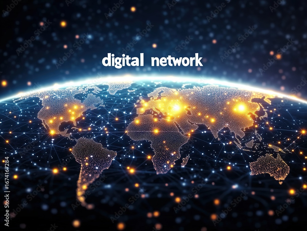Poster global digital connectivity map with cities connected by glowing lines. the 