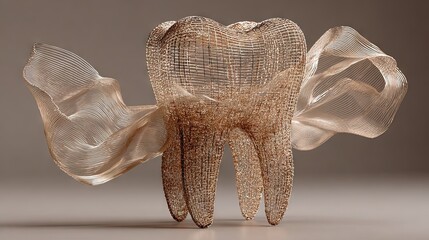 Artistic dental sculpture with textured translucent tooth design accented by flowing ribbon-like elements in soft beige tones for creative branding