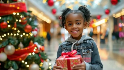 Young African American girl joyfully holding a beautifully wrapped Christmas gift in front of a festive holiday tree, capturing the spirit of celebration and excitement