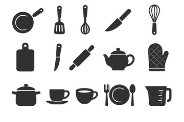 Kitchen utensils icons set: pan, spatula, whisk, knife, teapot, mitt, cups
