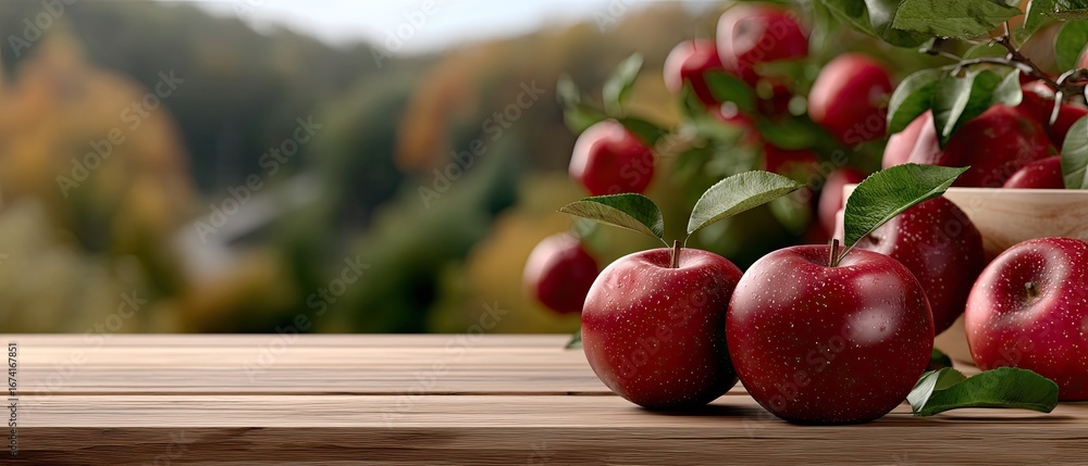 Poster lush red apples rest on branches surrounded by greenery, creating a picturesque orchard view with a 