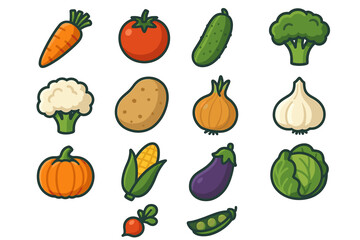 Colorful cartoon vegetables: carrot, tomato, cucumber, broccoli, cauliflower, potato, onion, garlic, pumpkin, corn, eggplant, cabbage, radish, peas