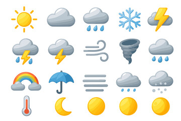 Weather icons set: sun, clouds, rain, snowflake, lightning, wind, tornado, rainbow, umbrella, moon