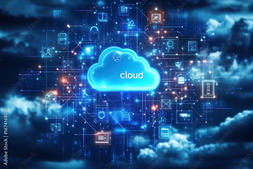 Poster cloud computing technology concept: a realistic 3d cloud surrounded by digital marketing and technol