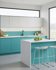 Turquoise and White Minimalist Modern Kitchen with Refreshing Style