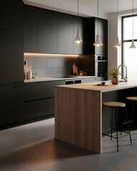 Contemporary Minimalist Kitchen with Black Cabinets and Wooden Island