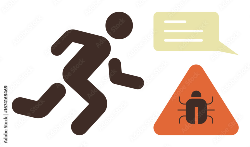 Poster figure running from bug warning triangle with speech bubble conveying alert. ideal for cybersecurity