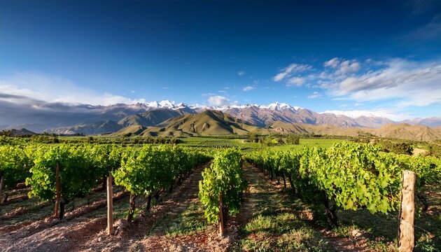 argentina mendoza andes mountains and vineyard landscape with green hills and grape vines
