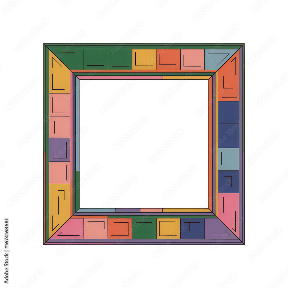 Poster vibrant patchwork square frame featuring a colorful mosaic design with a modern aesthetic isolated o