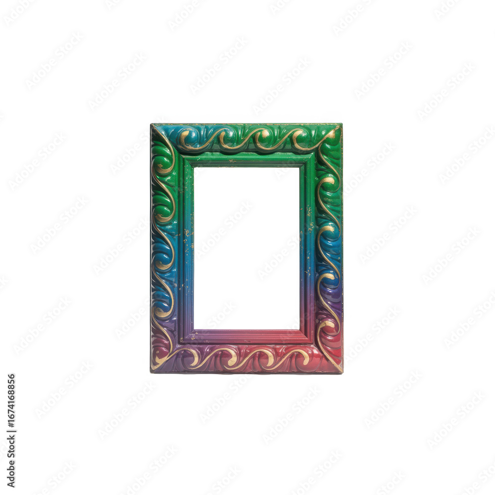 Poster ornate rectangular photo frame with vibrant rainbow gradient edging displaying intricate carved deta