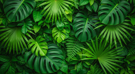A detailed, lush green texture of various tropical leaves.