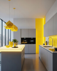 Bold Yellow Accent Minimalist Modern Kitchen with Creative Design