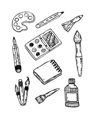 Hand-Drawn Style Art Supplies Icon Set Collection