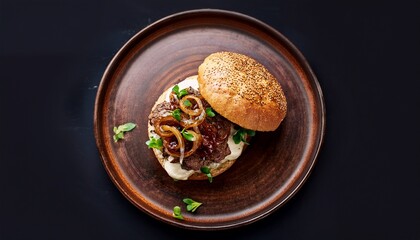 top down photo of a gourmet lamb burger with caramelized onions goat cheese and artisan bun arranged on rustic plate