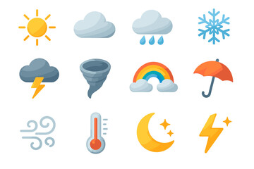 Weather icons set: sun, cloud, rain, snowflake, lightning, tornado, rainbow, umbrella, wind, thermometer, moon
