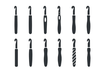 Collection of various crochet hook silhouettes in black on white background