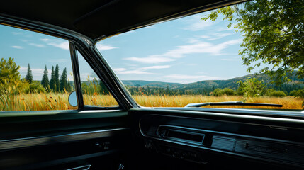 Scenic road trip view from a car window with rolling hills and pine trees, travel adventure and landscape photography
