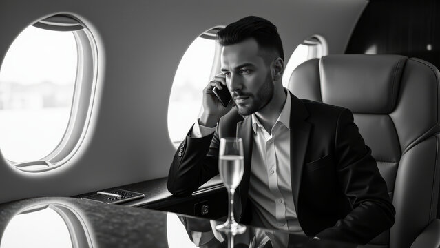 Businessman suit sits private jet, talking phone while holding glass of champagne. luxurious interior and large windows create elegant atmosphere