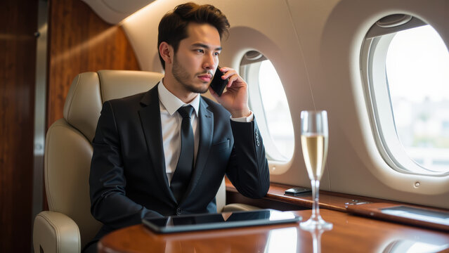Professional man suit is engaged phone call while seated luxurious private jet. elegant interior features large windows and glass of champagne