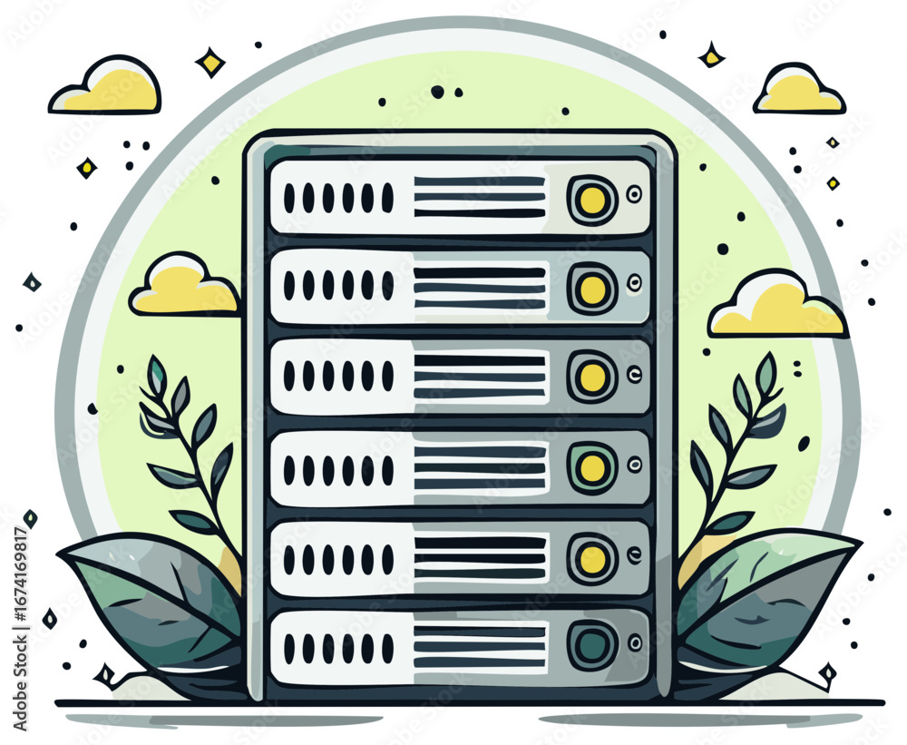 Aufkleber digital technology server rack with plants and clouds representing data center or it infrastructure