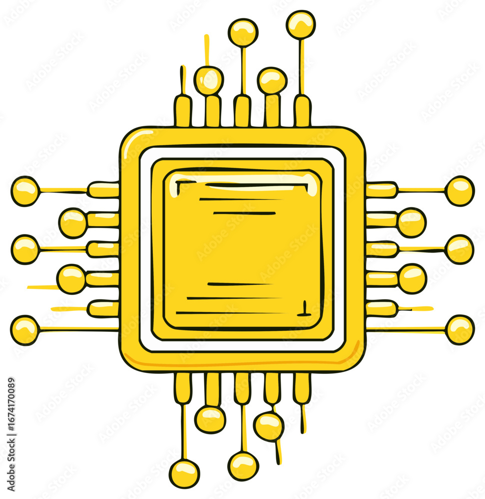 Poster stylized golden microchip illustration featuring multiple connectors and doodle like shading showcas