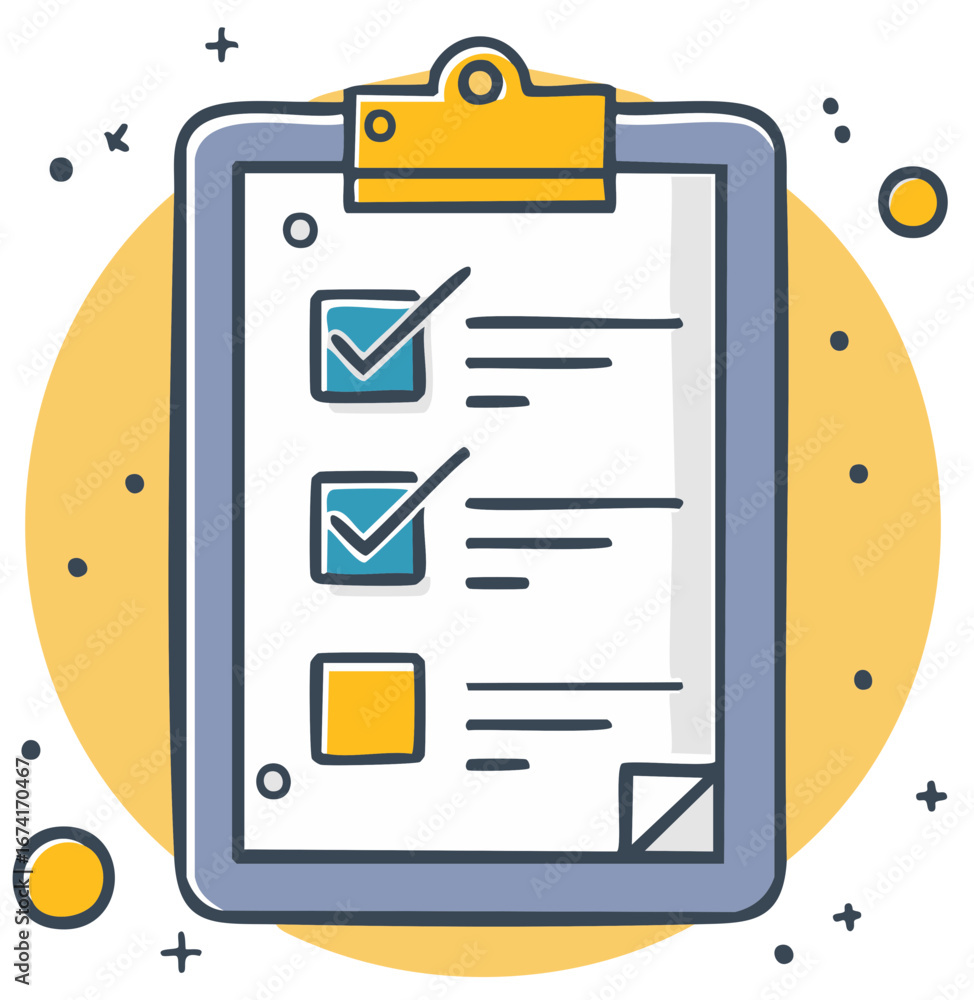 Poster hand drawn clipboard checklist with completed tasks and empty spaces on vibrant yellow background