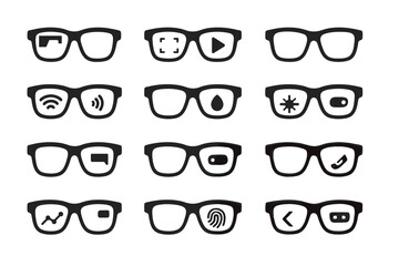 Smart glasses icons: technology symbols on eyewear for connectivity and functionality