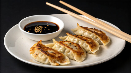 Delicious pan-fried gyoza dumplings served with soy sauce and sesame seeds on a white plate