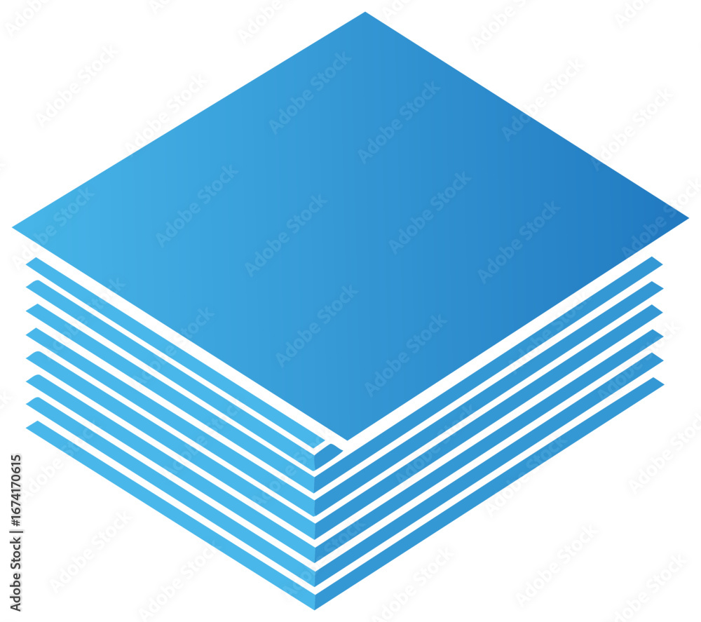 Poster stacked isometric blue squares representing data layers or information hierarchy