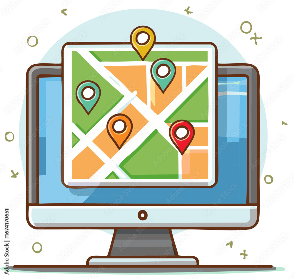 Fototapete computer monitor displaying colorful map with location pin markers for navigation or route planning