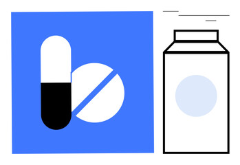 Capsule and split pill with a minimalistic medicine bottle evoke healthcare, pharmacy, treatment, prescription, wellness, medication, and pharmaceutical supply themes. Bold simple flat metaphor