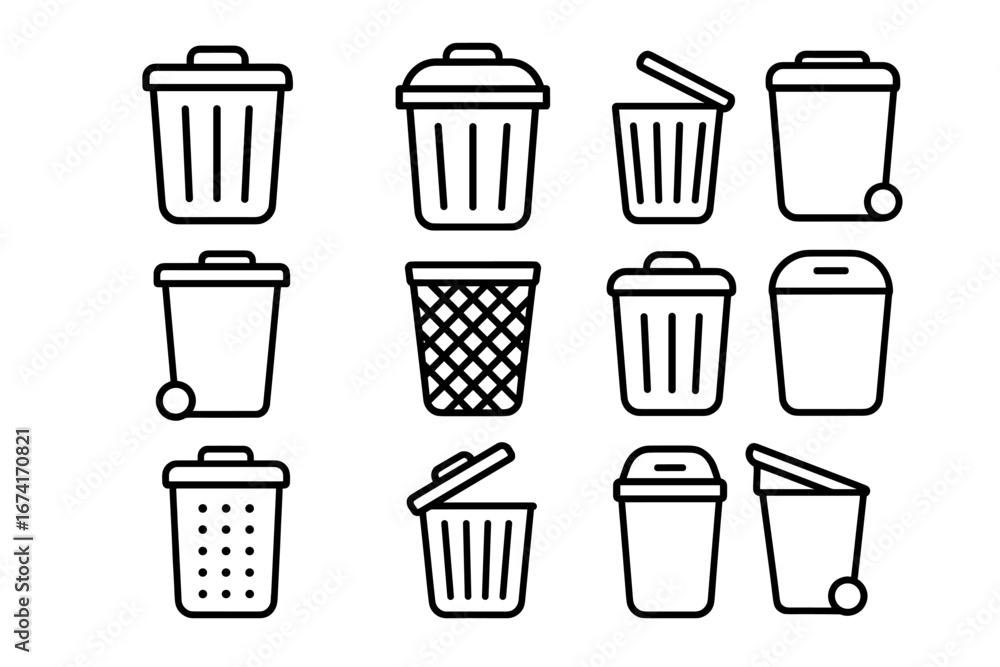 Poster set of various trash can icons with lids and patterns