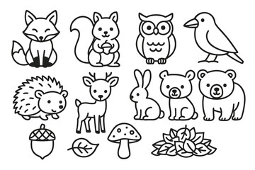 Cute woodland animals outline: fox, squirrel, owl, bird, hedgehog, deer, rabbit, bear