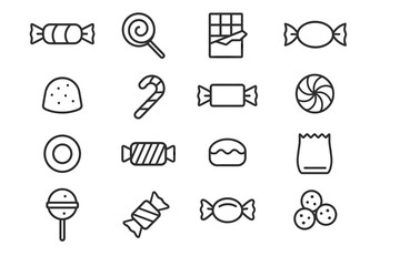 Assorted candy icons: lollipop, chocolate, candy cane, and more