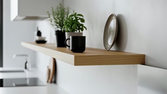 Floating shelf with no visible hardware highlighting the effect of hidden bracket installation in a minimalist kitchen environment.