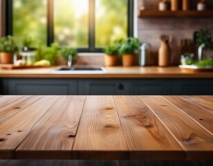 rustic wooden kitchen table surface with soft focus culinary background and natural window lighting