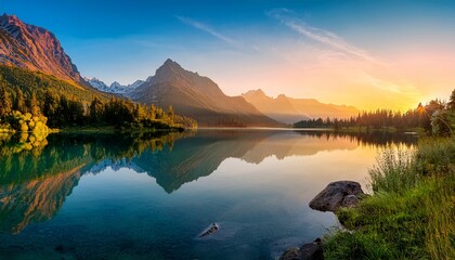 a serene landscape featuring mountains and a tranquil lake at sunrise